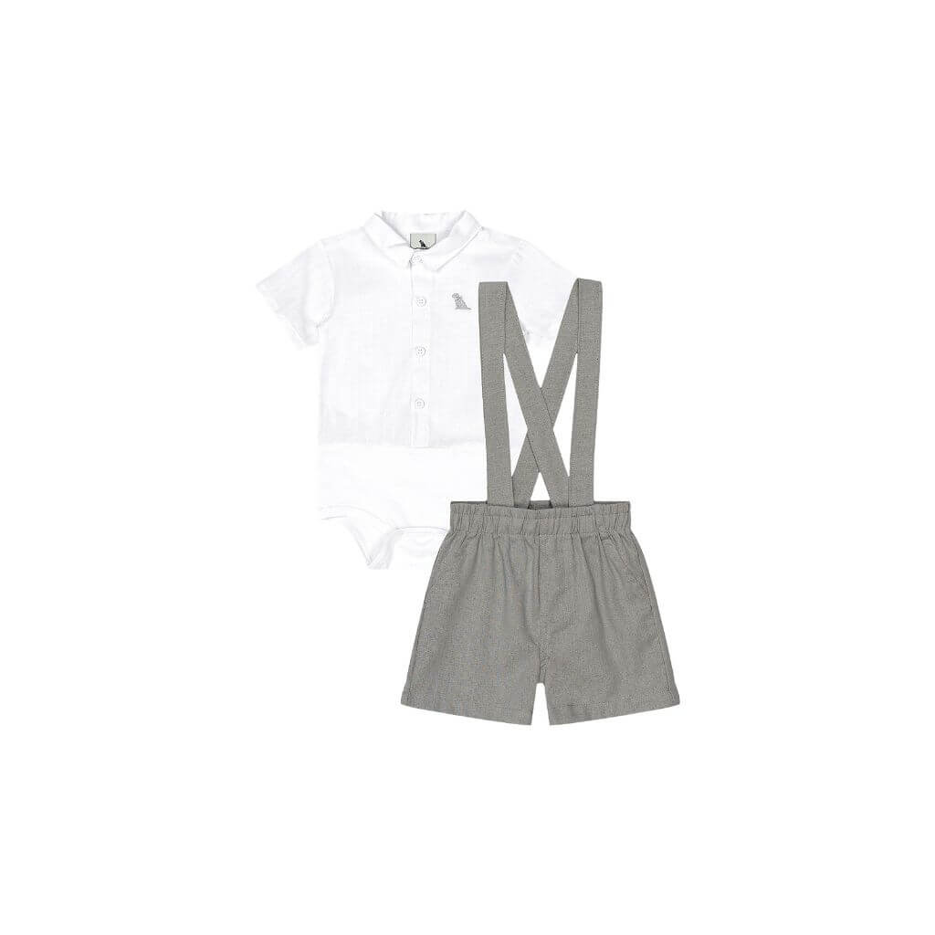 Conjunto body camisa e bermuda com suspensório em tecido Quimby