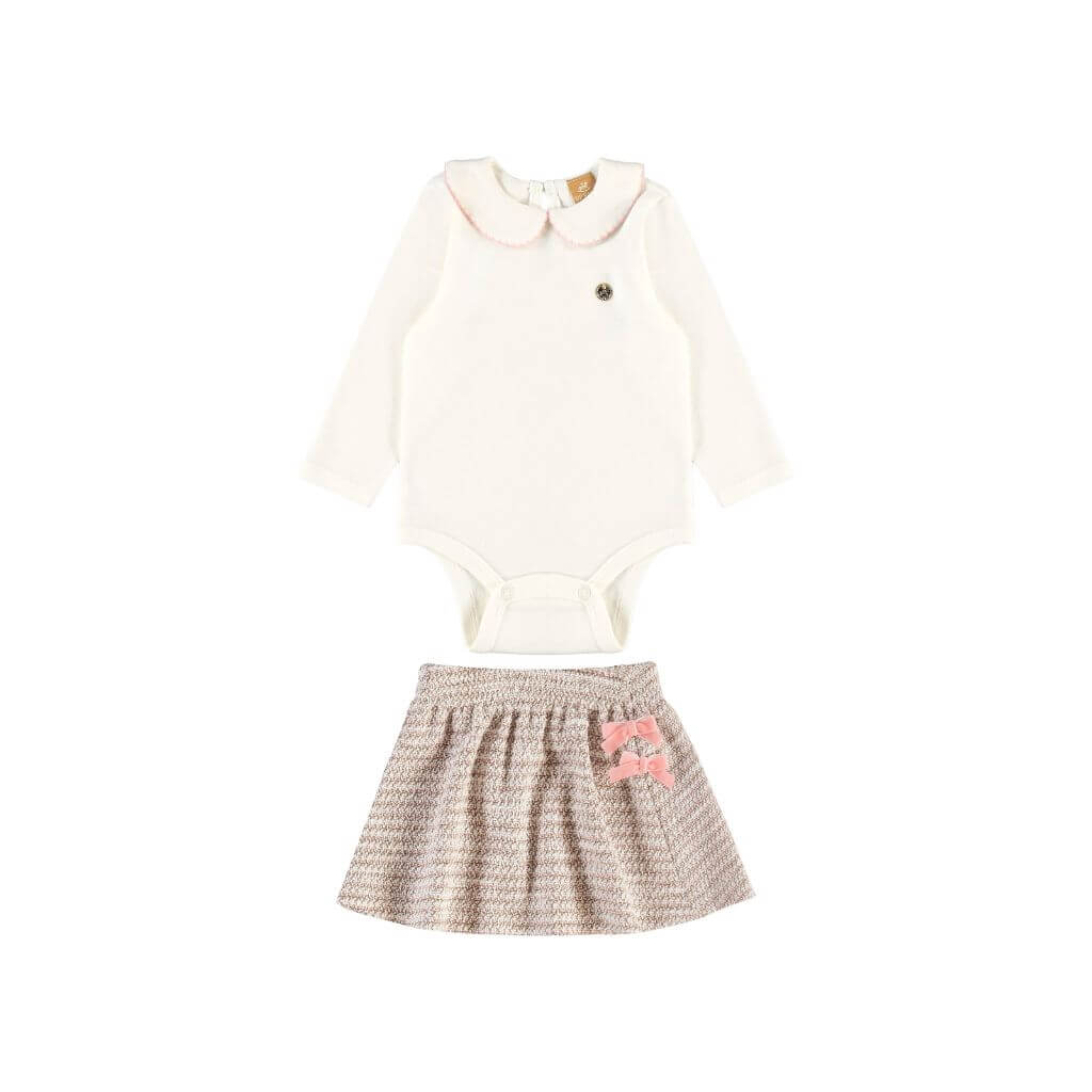 Conjunto body manga longa em suedine e saia em malha tweed Up Baby