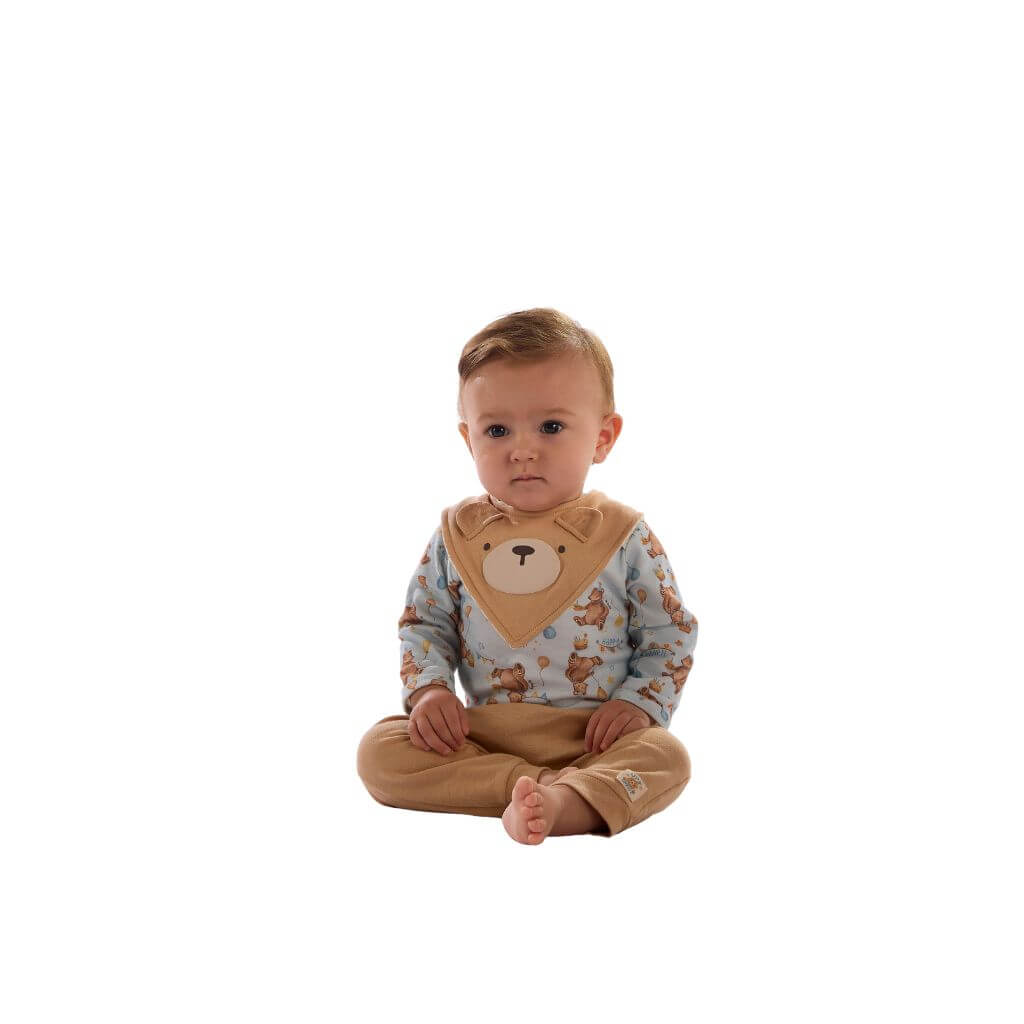 Conjunto body manga longa, calça e babador em suedine Up Baby