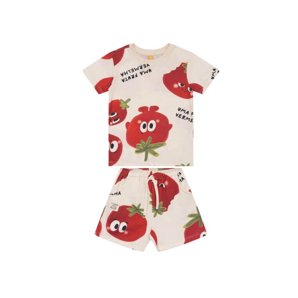 Conjunto camiseta em meia malha com viscose e bermuda em moletom sem felpa Três e Já