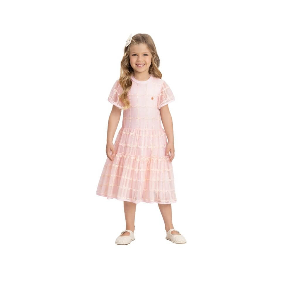 Vestido em tule bordado com forro em meia malha Up Baby