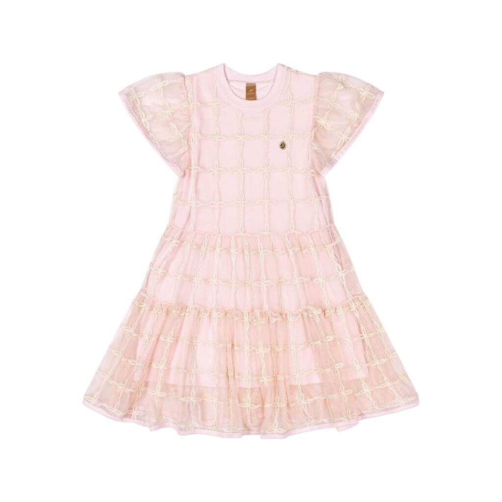 Vestido em tule bordado com forro em meia malha Up Baby