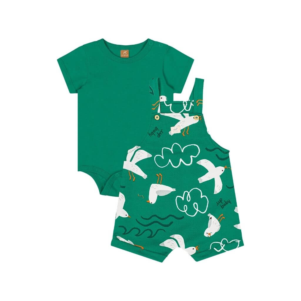 Conjunto body em meia malha e jardineira em moletom Up Baby