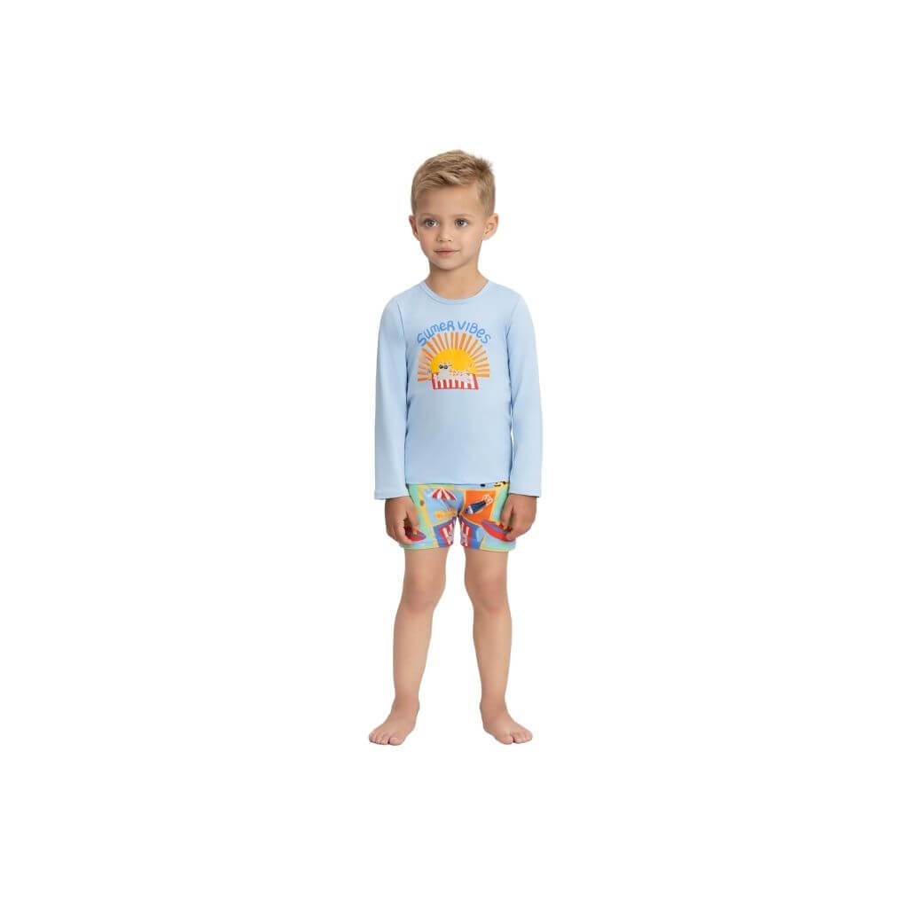 Conjunto camiseta e sunga boxer em malha sublimada e forro em poliamida FPS 50 Up Baby
