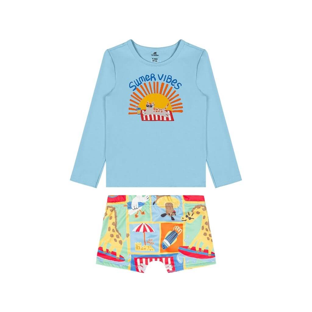 Conjunto camiseta e sunga boxer em malha sublimada e forro em poliamida FPS 50 Up Baby